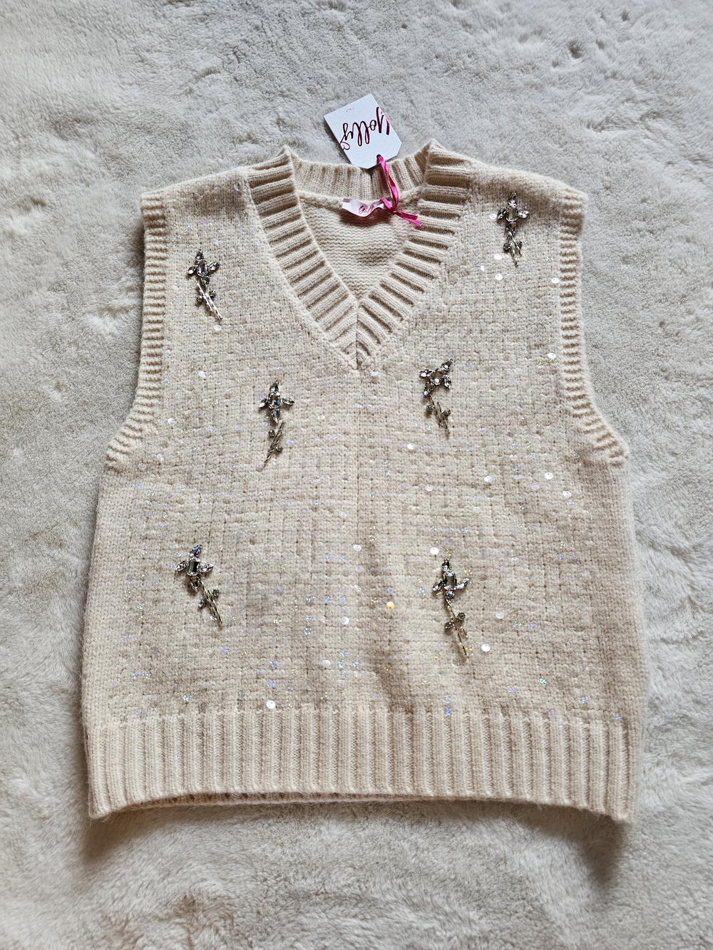 New Yolly Italy Sequin Rhinestone Detail V-Neck Sweater Vest Size Large